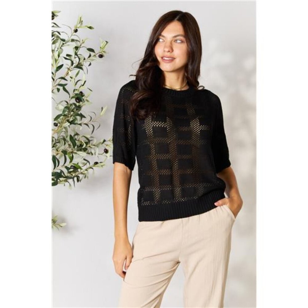 nwt Mandy Ribbed Trim Round Neck Knit Top‎